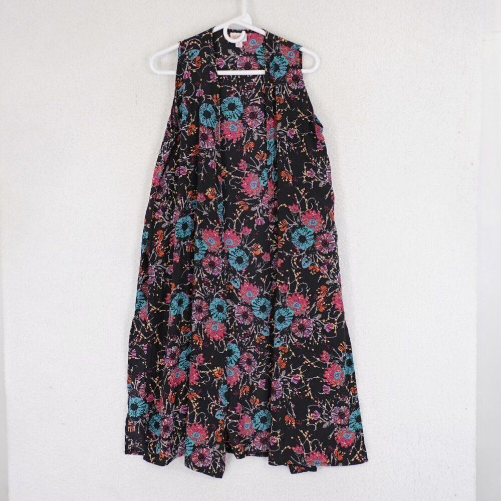LuLaRoe Small Long Open Blouse / Top Black Teal Pink‎ Floral Sheer Sleeveless